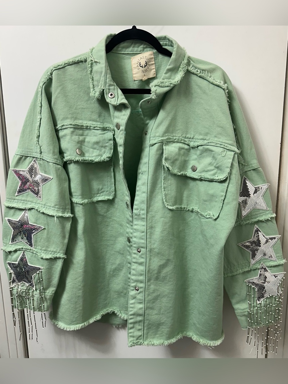 Fantastic Fawn Mint Green Star-Embellished Button-Down Jacket